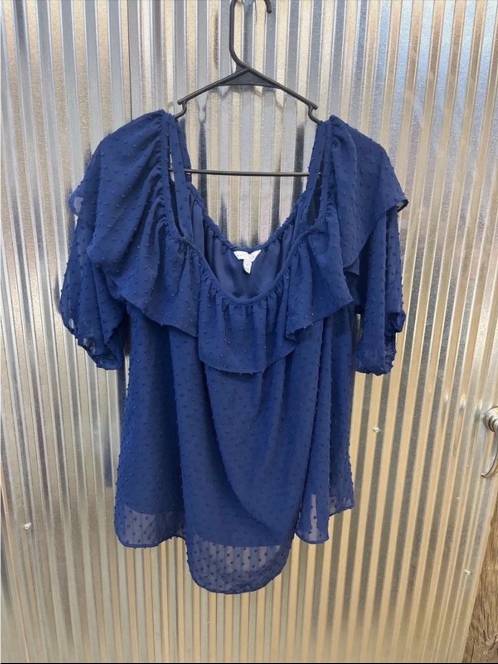 Boutique 9 Navy Blue Off-Shoulder Swiss Dot Blouse
